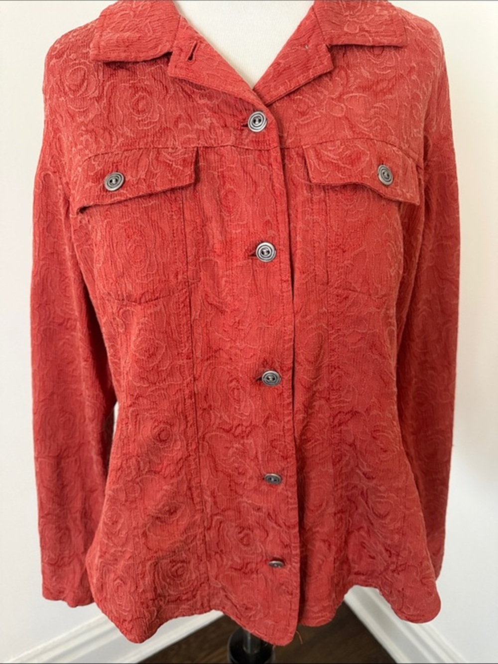 Additions by Chico’s Rust Red Button-Front Floral Jacquard Texture Jacket 1/M